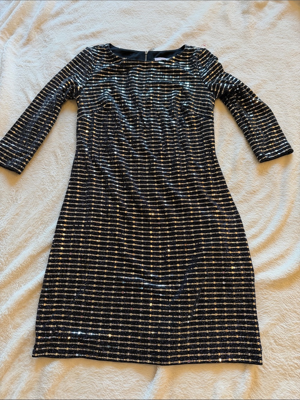 Jessica Howard Black and Silver Striped Sequin Long Sleeve Sheath Dress